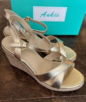 Ankis Metallic Gold Crisscross Straps Ankle Buckle Espadrille-Style Wedge Sandal thumbnail 1