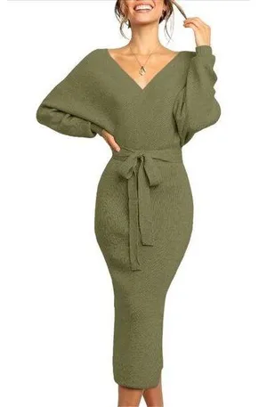 NEW Batwing Sleeve Wrap Knit Sweater Dress M NO BELT thumbnail 1