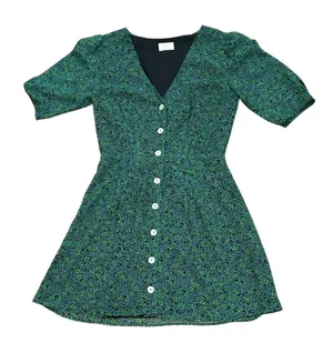 Wilfred Aritzia Forest Green‎ Print Button Front Lined Fit & Flare Dress Size 0 thumbnail 1