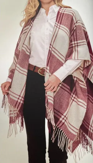 Banana Republic‎ Wrap Kimono Blanket Cashmere Blend Plaid Red Fringe Wine New thumbnail 1