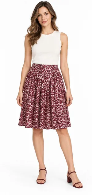 Ann Taylor Loft Maroon & White Floral Pleated Elastic Waist Knee Length Skirt thumbnail 1