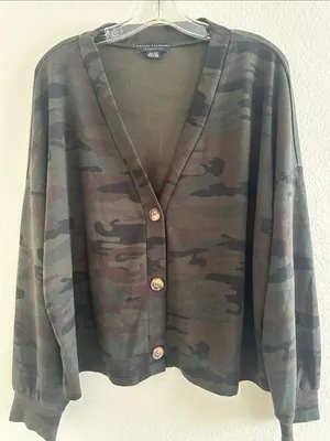 Social Standards Women's Camo Button-Front Cardigan - Olive Camo thumbnail 1