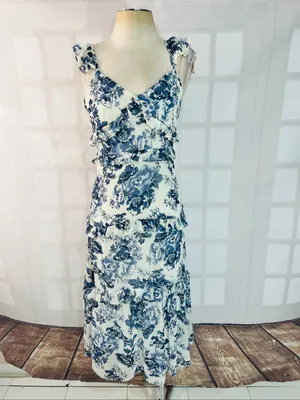 O.P.T Blue White Ingrid Floral Ruffle V-Neck Sleeveless Tiered Midi Dress Sz XS thumbnail 3