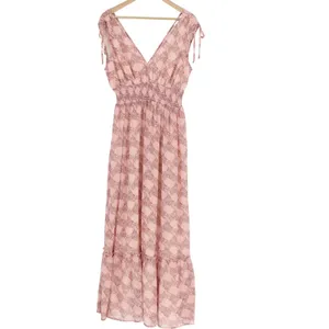 Lush Pink Floral Medallion V-Neck Smocked Waist Tie Shoulder Maxi Dress Large thumbnail 2
