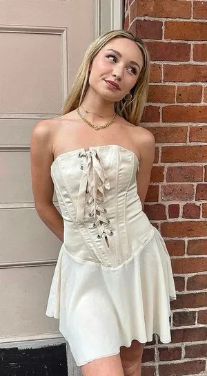 Tic Toc Cream Gold Strapless Lace Up Party Night Club Corset Mini A-line Dress M thumbnail 1