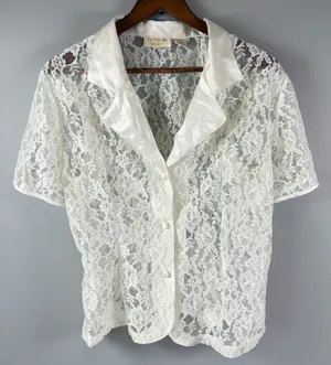 Victoria's Secret Gold Label White Sheer Lace Button Up Top Women's Size M thumbnail 1