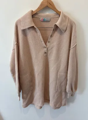 Free People Beach‎ Ribbed Collared Pullover Sweater Beige Long Sleeve Large thumbnail 1