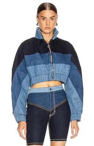 Unbranded Women NA Colorblock Denim Cropped Bomber Jacket Blue Black‎ Mock Neck thumbnail 1