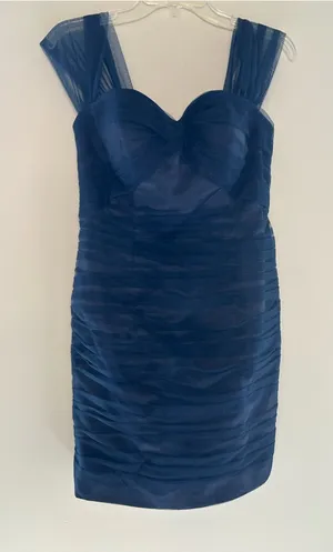 Navy Blue Sheer Overlay Ruched Cocktail Dress thumbnail 1