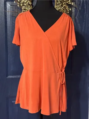 LOFT Orange Wrap-Front Short Sleeve Blouse size Large NWT thumbnail 1