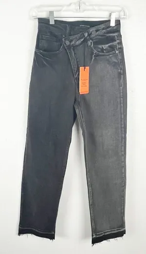 RISEN High Rise Crossover Released Frayed Hem Two Tone Black Wash Denim Jeans 25 thumbnail 1