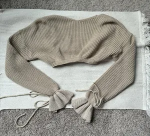 Tan Knit Puff Ruffle Sleeve Bow Tie Cropped Long Sleeve Sweater Top thumbnail 6