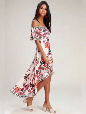Lulus | Danica Ivory Floral Print Smocked High-Low Maxi Dress, XS thumbnail 2