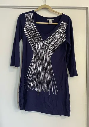 Alberto Makali Navy blue mini dress mirror sequin decal long sleeve ruched large thumbnail 1