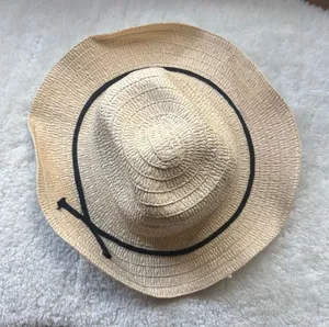 Woven Straw Sun Hat Tan Wide Brim Floppy Summer Beach Hat Black Cord Accent thumbnail 1
