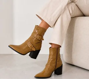 Bamboo Patent Leather Ankle Boots Women’s 7.5 Block Heel Buckle Strap Tan Brown thumbnail 1