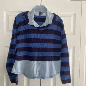 Pilcro Mixed Media Striped Sweater Womens Size‎ XS Blue Denim Layered Knit Top thumbnail 2