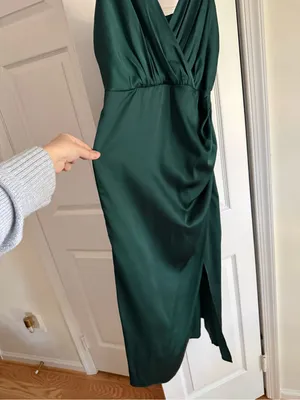 NWT Abercrombie & Fitch Satin Draped Wrap Midi Dress Emerald Green Small Petite thumbnail 7