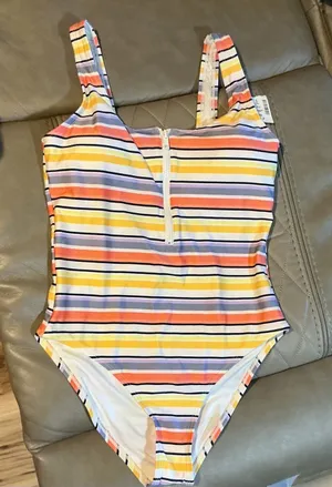 Striped Zip-Front One-Piece Swimsuit in Yellow, Pink & Blue thumbnail 1