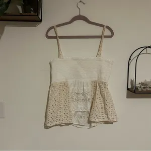 By Anthropologie‎ 100% Cotton Cream Lace Babydoll Sleeveless Cutout Top Size XL thumbnail 2