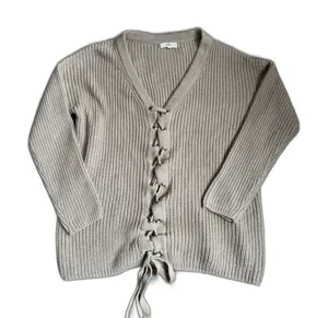 Entro Tan Knit Womens Casual V-Neck Sweater With Lace Up Front‎ Detail Size Small thumbnail 1