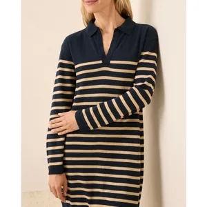 Pact Classic Fine Knit Collared Striped Mini Sweater Dress Size M Blue Beige thumbnail 2