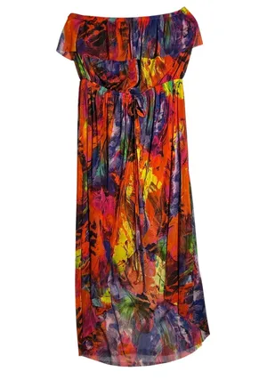 Cynthia Rowley Women Large Mesh High Low Maxi Dress Rainbow Feather Print Ruffle thumbnail 1