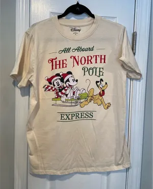 Disney Size M Cream Crew Neck North Pole Express Mickey Minnie Pluto Tee Shirt thumbnail 1