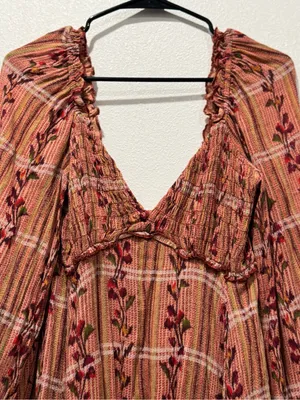 Free People Jackie Mini Dress M Rust Floral Plaid Boho NWOT thumbnail 6