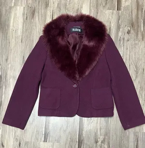 Vintage Marvin Richards 90s Plum Wool Cropped Blazer Jacket Faux Fur Collar thumbnail 1