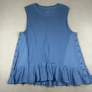Pilcro Anthropologie Blue Sleeveless Peplum Button Side Swiss Dot Top M thumbnail 1