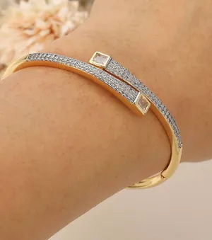Stainless Steel Square Stone Tip Rhinestone Pave Hinged Bangle Bracelet Gold thumbnail 2