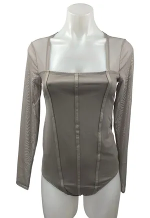 NEW Abercrombie & Fitch Tan Mesh Long Sleeve Square Neck Corset Bodysuit Top M thumbnail 1