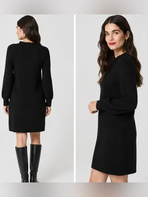 J.Crew Ruffle Neck Sweater Dress Womens Large Soft Knit Long Sleeve CP557 Black thumbnail 3