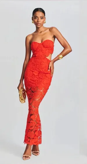 Rococo Sand Eliza‎ Lace Maxi Dress Cutout Blood Orange Small NWT thumbnail 1