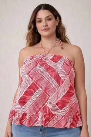 Anthropologie Maeve Halter Ruffle Top Red White Large Boho Vacation thumbnail 1