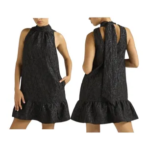 Scoop Mini Dress Women Large Black Blue Metallic‎ Floral Jacquard Mock Neck Tie thumbnail 2
