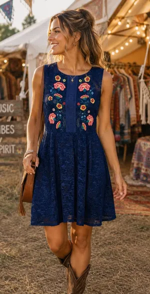 Altar'd State Floral Embroidered Lace Dress Navy Sleeveless Boho Cottagecore M thumbnail 1
