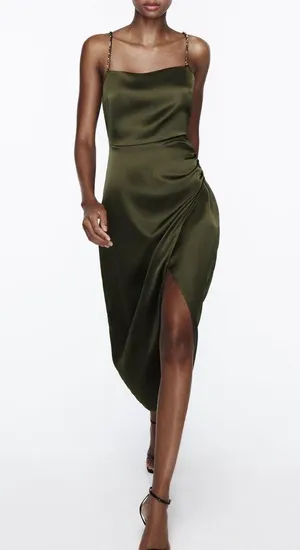 NWT Zara Green Satin Effect Midi Wrap Dress Sz Large Beaded Straps thumbnail 3