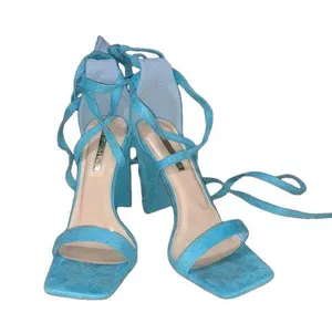 Liliana Blue Suede The Novax Strappy Lace Up Wrap Tie Open Toed High Block Heels thumbnail 1