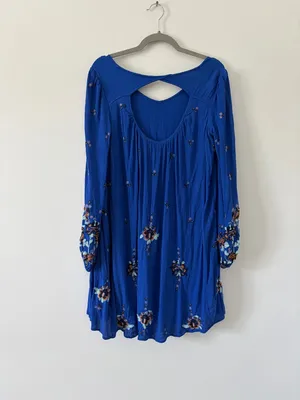 Free People Oxford Embroidered Cobalt Blue Long Sleeve Baby Doll Boho Dress M thumbnail 5