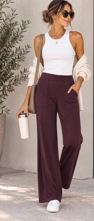 Max Studio London Wide Leg Pull On Burgundy Comfy Pants NWT M thumbnail 1
