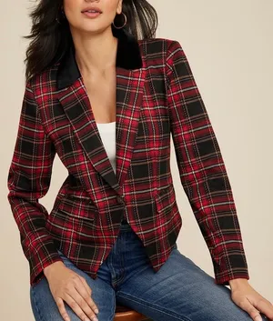 Maurices Tartan Plaid Cropped Blazer Red Black Velvet Collar NWT thumbnail 1