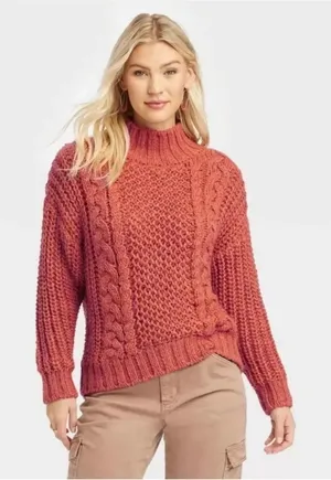 NWT Universal Thread Rust Chunky Cable Knit Mock Turtleneck Pullover Sweater M thumbnail 1