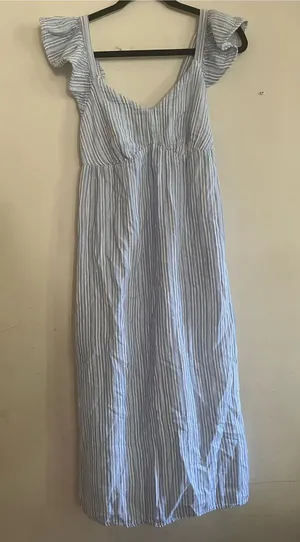 100% Cotton Blue White Striped Midi Dress XS Euro Summer Coastal Resort Beach thumbnail 1