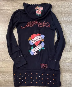 Ed Hardy Y2K Black True Love Hoodie Size XS thumbnail 1