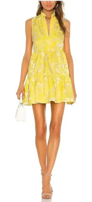 Amanda Uprichard Saffron Yellow Floral Jacquard Tiered Mini Dress Size L Pockets thumbnail 1