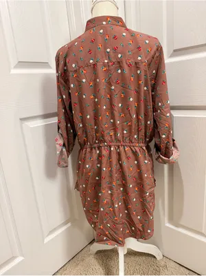 Women’s 1X Floral Blouse Top Brown Taupe Elastic Waist Long Sleeve Roll Tab thumbnail 5