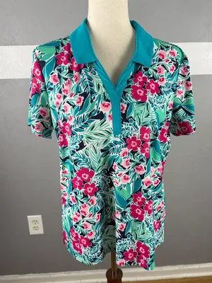 Lilly Pulitzer Teal Floral Polo Top Golf thumbnail 1