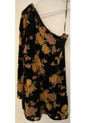 Vestique Black Floral One Shoulder Long Sleeve short Dress Women's Sz Small thumbnail 2